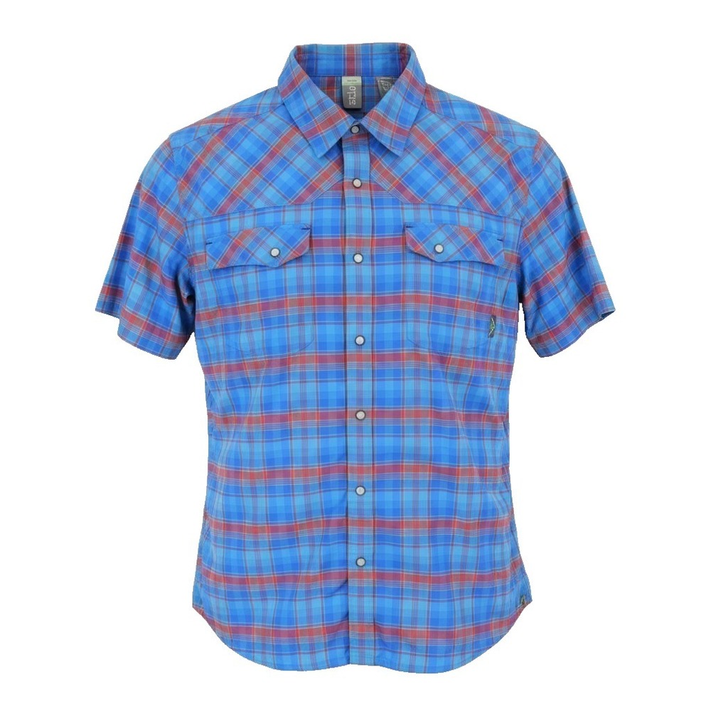 Stio Eddy Shirt SS Mens Large Blue Red Plaid Snap Front Outdoor Performance READ